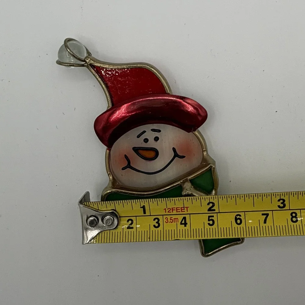 VTG Stained Glass Snowman Christmas Ornament Holiday Decor Red Hat Green Scarf‎